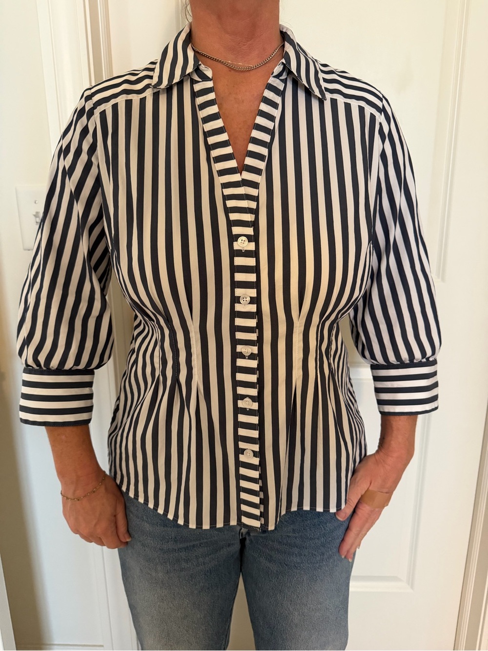 White House Black Market Black & White Vertical Stripe Button-Down Shirt